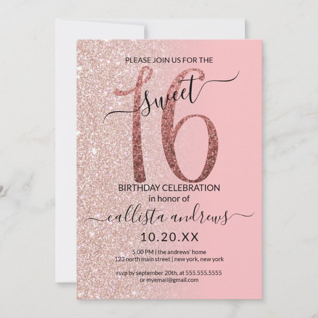 Girly Modern Pink Rose Gold Glitter Ombre Sweet 16 Invitation (Front)