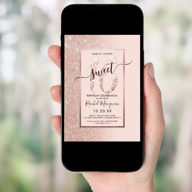 Girly Modern Pink Rose Gold Glitter Ombre Sweet 16 Invitation (Front Digital)