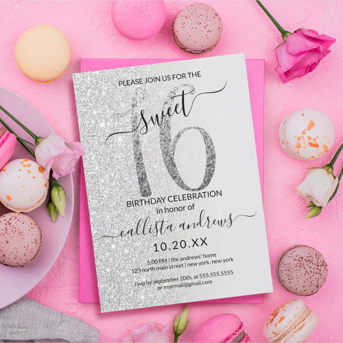 Girly Modern Pink Silver Glitter Ombre Sweet 16