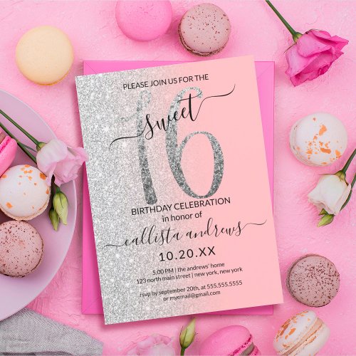 Girly Modern Pink Silver Glitter Ombre Sweet 16 Invitation