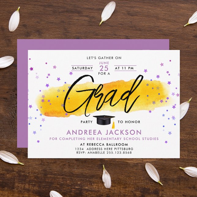 Girly Modern Pink Stars Yellow Graduate Watercolor Invitation (Creator Uploaded)