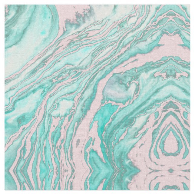 Girly Modern Pink Teal Green Smoky Marble Pattern Fabric (Close Up)
