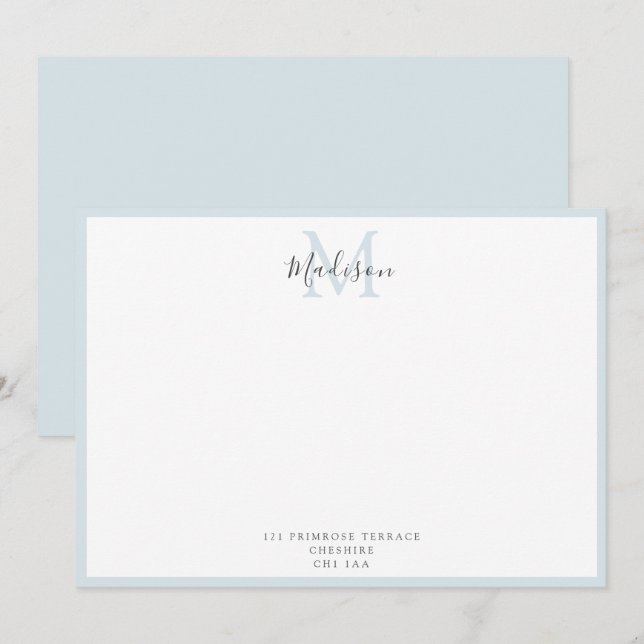 Girly Modern Powder Blue Monogrammed Note Card (Front/Back)