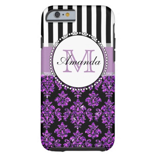 Girly Modern Purple Glitter Damask Personalized Tough iPhone 6 Case