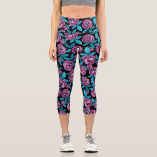 Girly Modern Purple Teal Green Floral Watercolor Capri Leggings