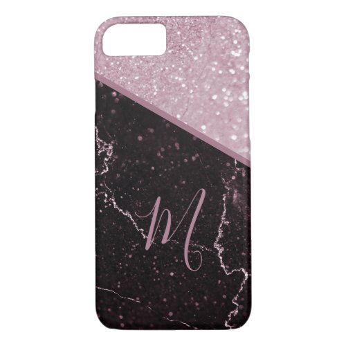 Girly Modern Rose Glitter Black Marble Monogram iPhone 87 Case