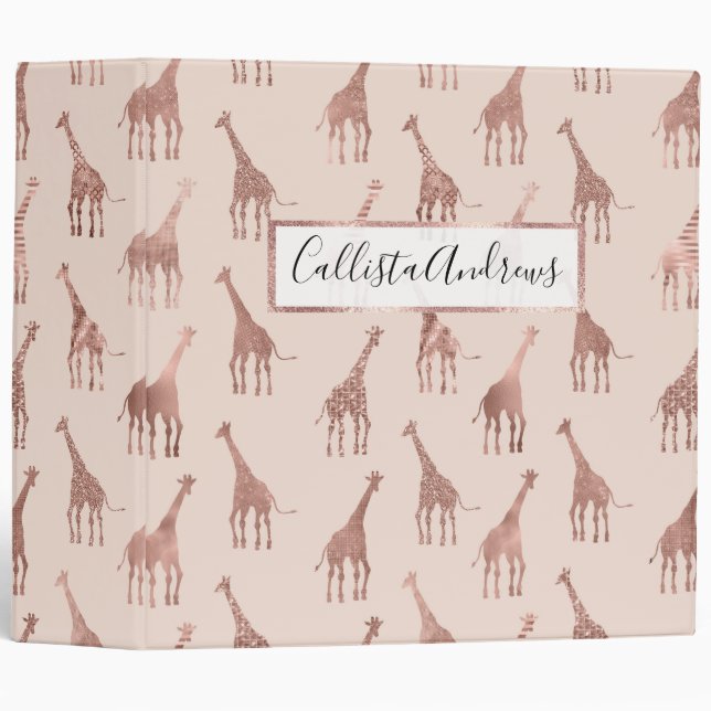 Girly Modern Rose Gold Blush Pink Giraffes 3 Ring Binder (Front/Spine)