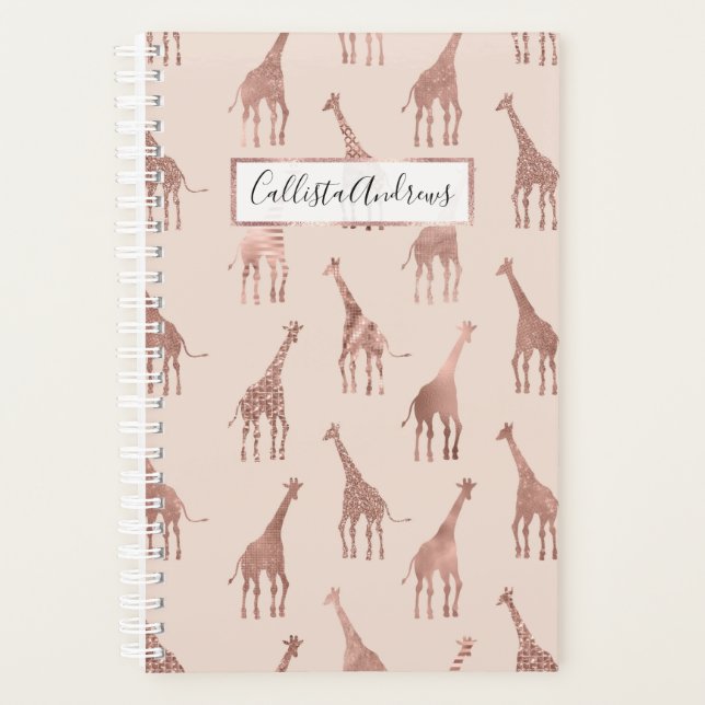 Girly Modern Rose Gold Blush Pink Giraffes Planner (Front)