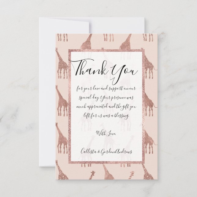 Girly Modern Rose Gold Blush Pink Giraffes Thank You Card (Front)