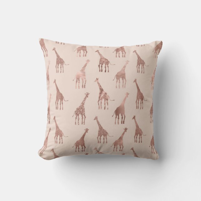 Girly Modern Rose Gold Blush Pink Giraffes Throw Pillow (Front)
