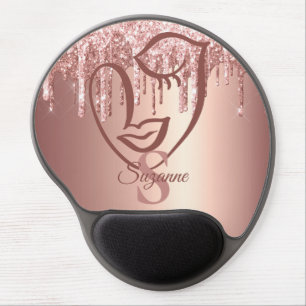 Girly Modern Rose Gold Glitter Drips Monogram Gel Mouse Pad