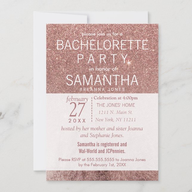Girly Modern Rose Gold Glitter Foil Bachelorette Invitation (Front)