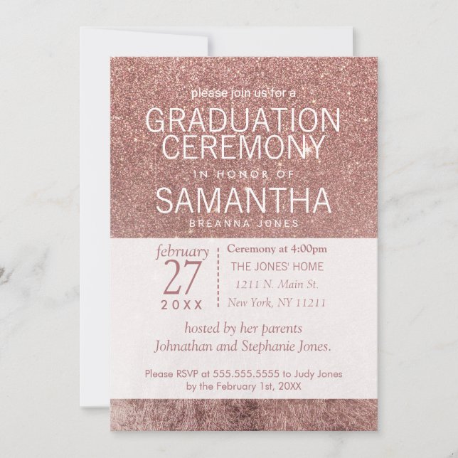 Girly Modern Rose Gold Glitter Foil Graduation Invitation (Front)