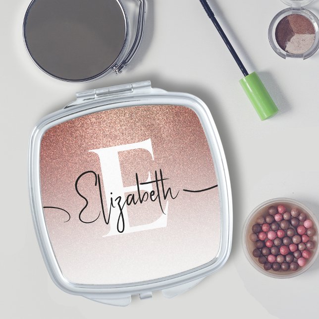 Girly Modern Rose Gold Glitter Sparkle Monogrammed Compact Mirror (Creator Uploaded)
