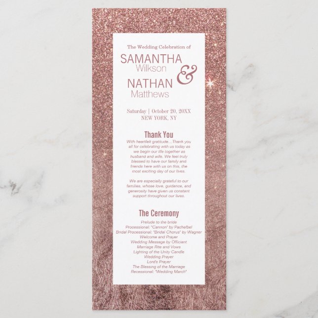 Girly Modern Rose Gold Glitter Wedding Programs (Front)