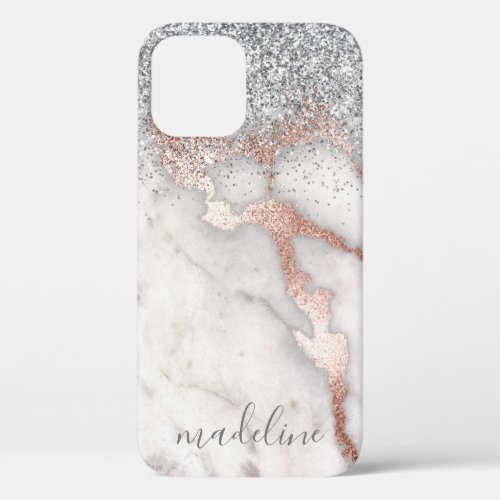 Girly  Modern Rose Gold Marble Blush Glitter Name  iPhone 12 Case