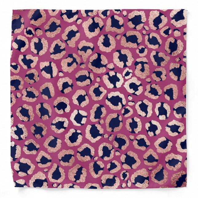 Girly Modern Rose Gold Navy Purple Leopard Print Bandana (Front)