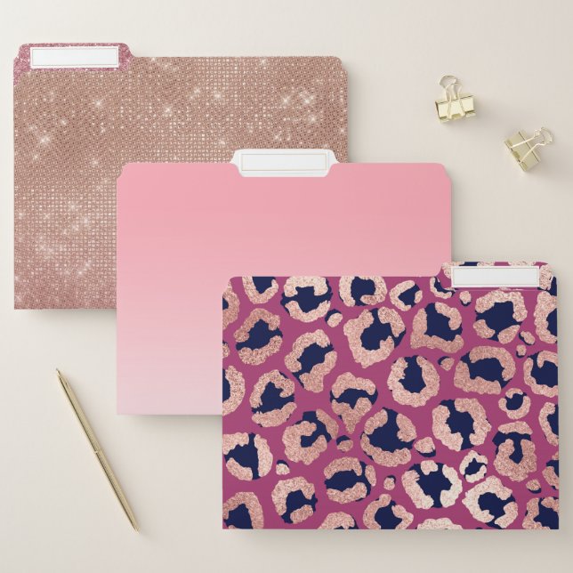Girly Modern Rose Gold Navy Purple Leopard Print File Folder (Set)