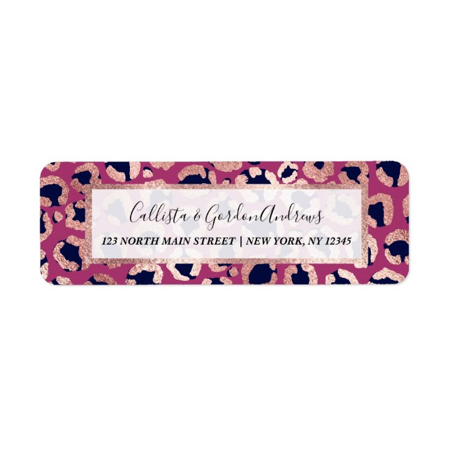 Girly Modern Rose Gold Navy Purple Leopard Print Label (Front)