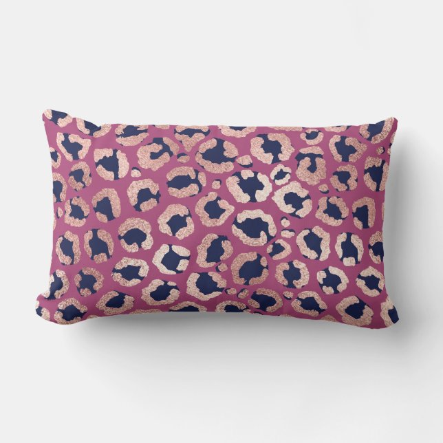 Girly Modern Rose Gold Navy Purple Leopard Print Lumbar Pillow (Front)