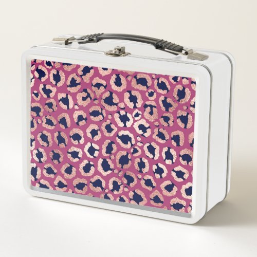 Girly Modern Rose Gold Navy Purple Leopard Print Metal Lunch Box