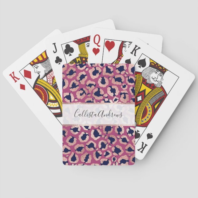 Girly Modern Rose Gold Navy Purple Leopard Print Poker Cards (Back)