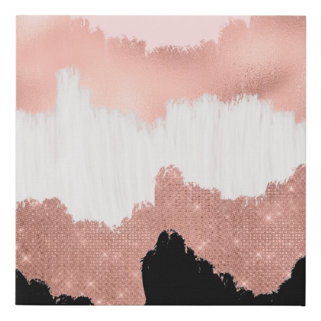 Girly Modern Rose Gold Pink Glitter Brushstroke Faux Canvas Print (Front)