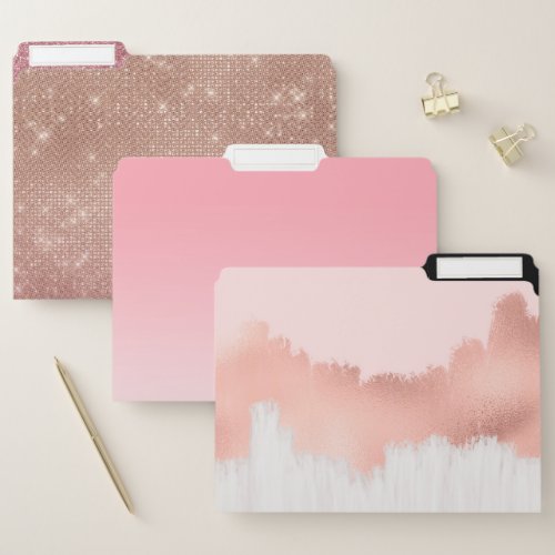 Girly Modern Rose Gold Pink Glitter Brushstroke File Folder