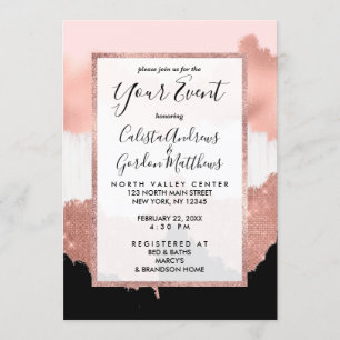Girly Modern Rose Gold Pink Glitter Brushstroke Invitation