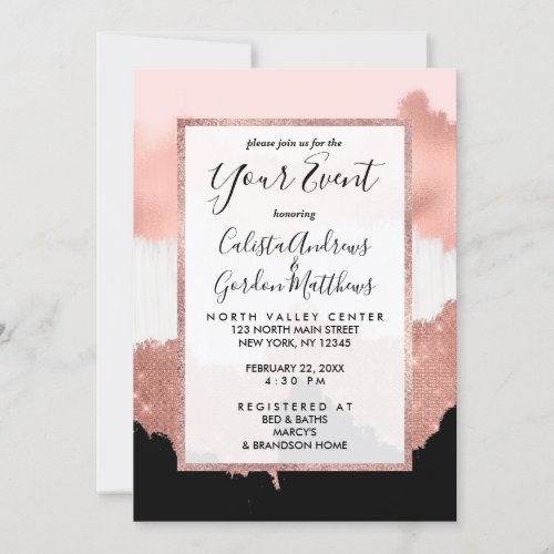 Girly Modern Rose Gold Pink Glitter Brushstroke Invitation