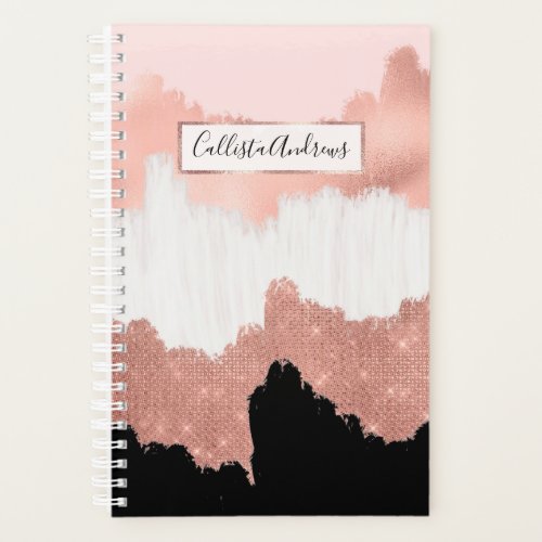 Girly Modern Rose Gold Pink Glitter Brushstroke Planner