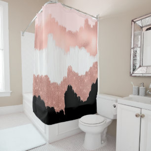 Girly Modern Rose Gold Pink Glitter Brushstroke Shower Curtain