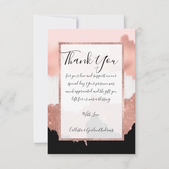 Girly Modern Rose Gold Pink Glitter Brushstroke Thank You Card (Front)