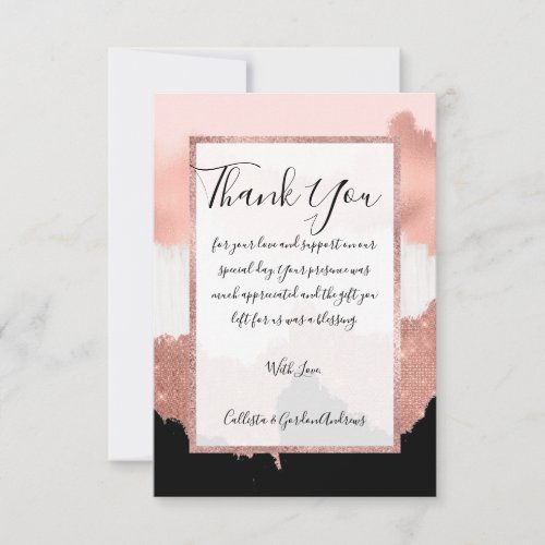 Girly Modern Rose Gold Pink Glitter Brushstroke Thank You Card