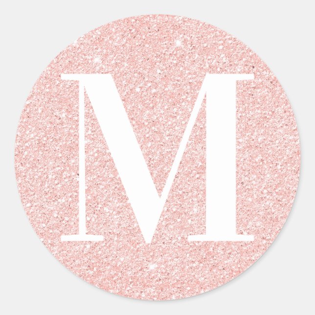 Girly Modern Serif Monogrammed Rose Gold Glitter Classic Round Sticker (Front)