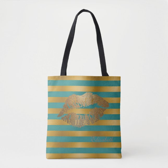Girly Modern  Stripes,Glittery Lips,Personalized Tote Bag (Front)