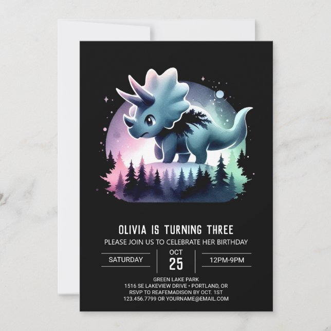 Girly Modern Triceratops Birthday Invitation (Front)