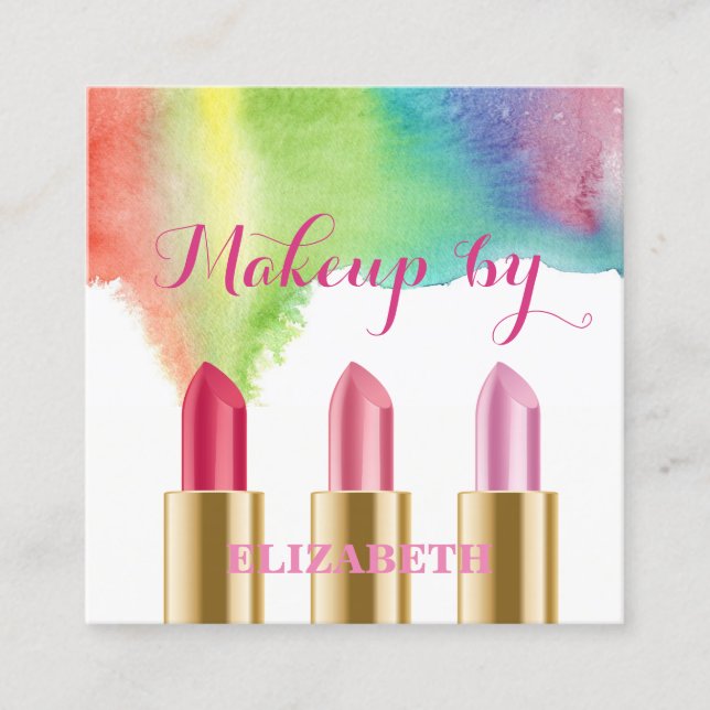Girly Modern Watercolor Paint Splash, Lipsticks Square Business Card (Front)