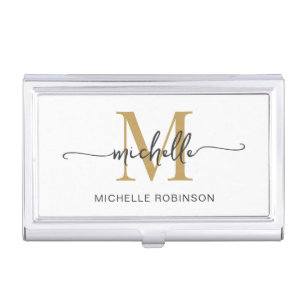 Girly Modern White Gold Monogram Name Script Business Card Case
