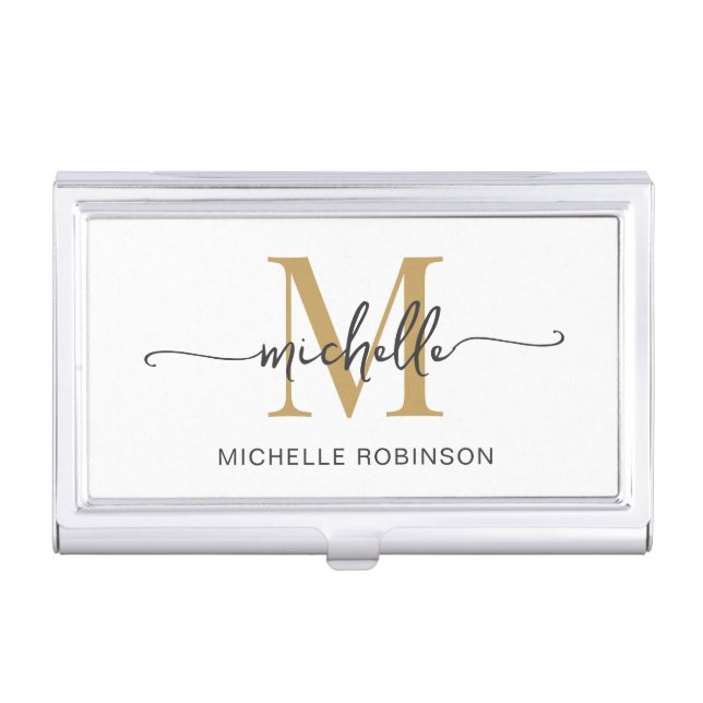 Girly Modern White Gold Monogram Name Script Business Card Case (Front)