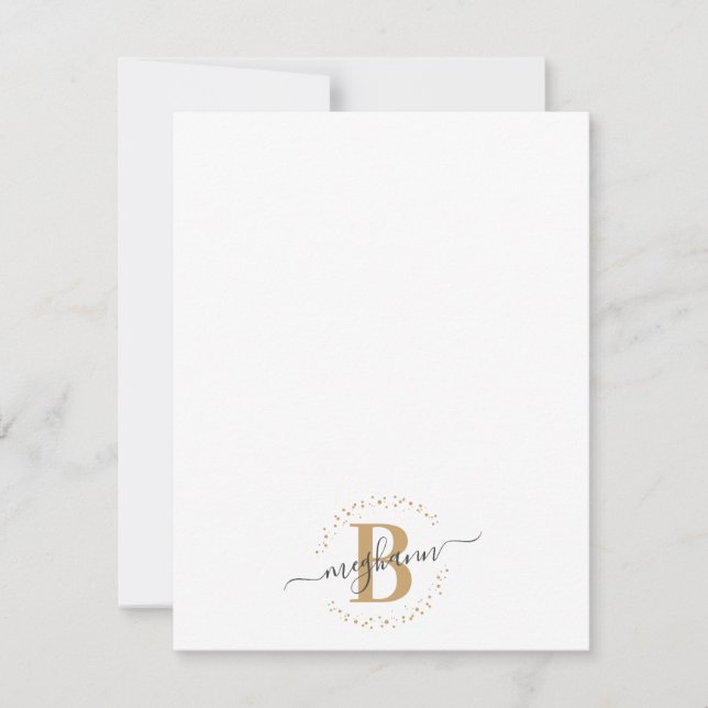 Girly Modern White Gold Name Script Monogrammed Note Card (Front)