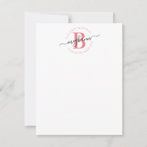 Girly Modern White Pink Name Script Monogrammed Note Card