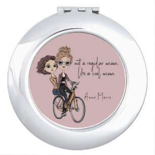 Girly Mom/Daughter on Bicycle Drawing ‘Cool Mom’ Compact Mirror