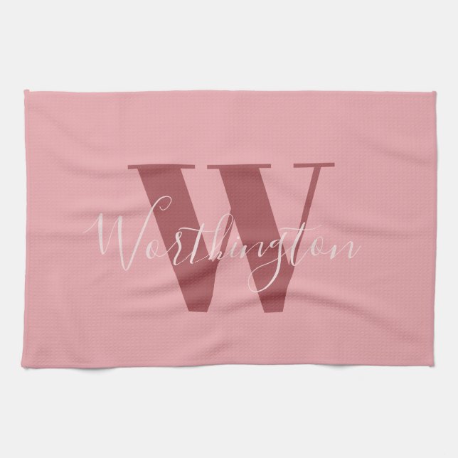 Girly Monogram and Name pink blush red Kitchen Towel (Horizontal)