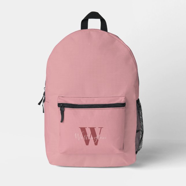 Girly Monogram and Name pink blush red Printed Backpack (Front)