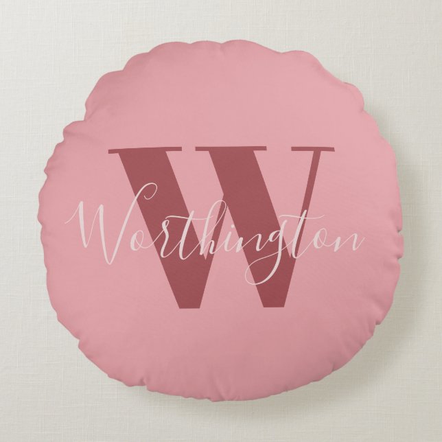 Girly Monogram and Name pink blush red Round Pillow (Front)