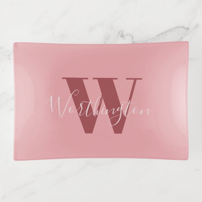 Girly Monogram and Name pink blush red Trinket Tray (Front)