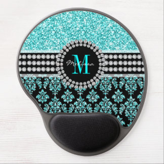 Girly Monogram Aqua Blue Glitter Damask Name Gel Mouse Pad