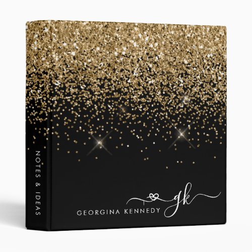 Girly Monogram Black Gold Glitter Heart Script 3 Ring Binder