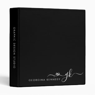 Girly Monogram Black White Chic Heart Script 3 Ring Binder